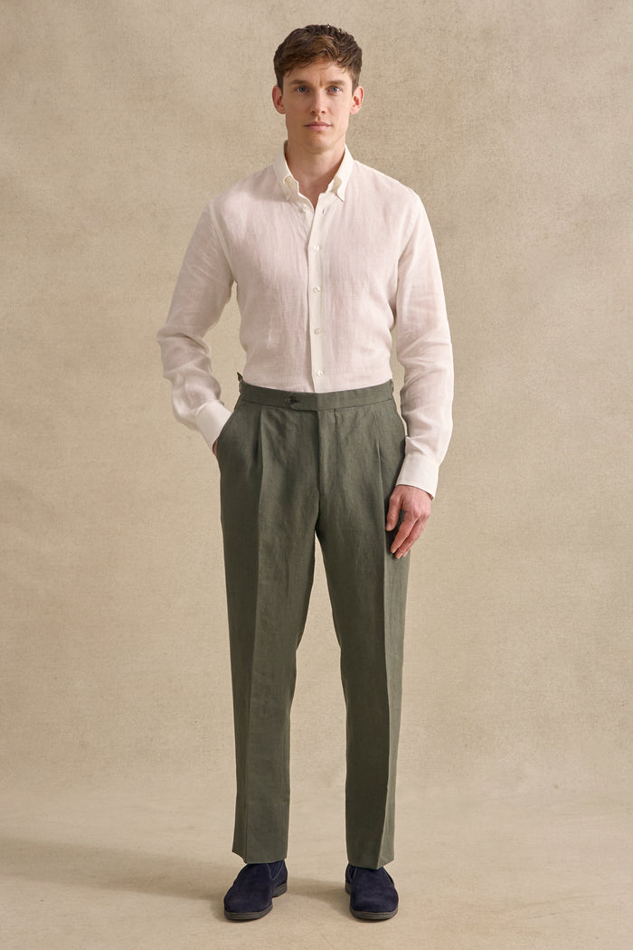 Green Single Pleat Linen Trousers