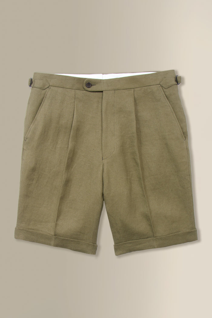 Green Single Pleat Linen Twill Shorts