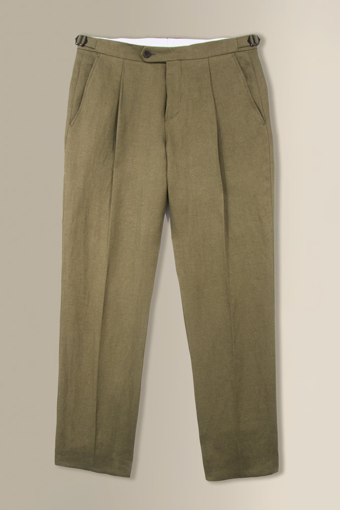 Green Single Pleat Linen Twill Trousers