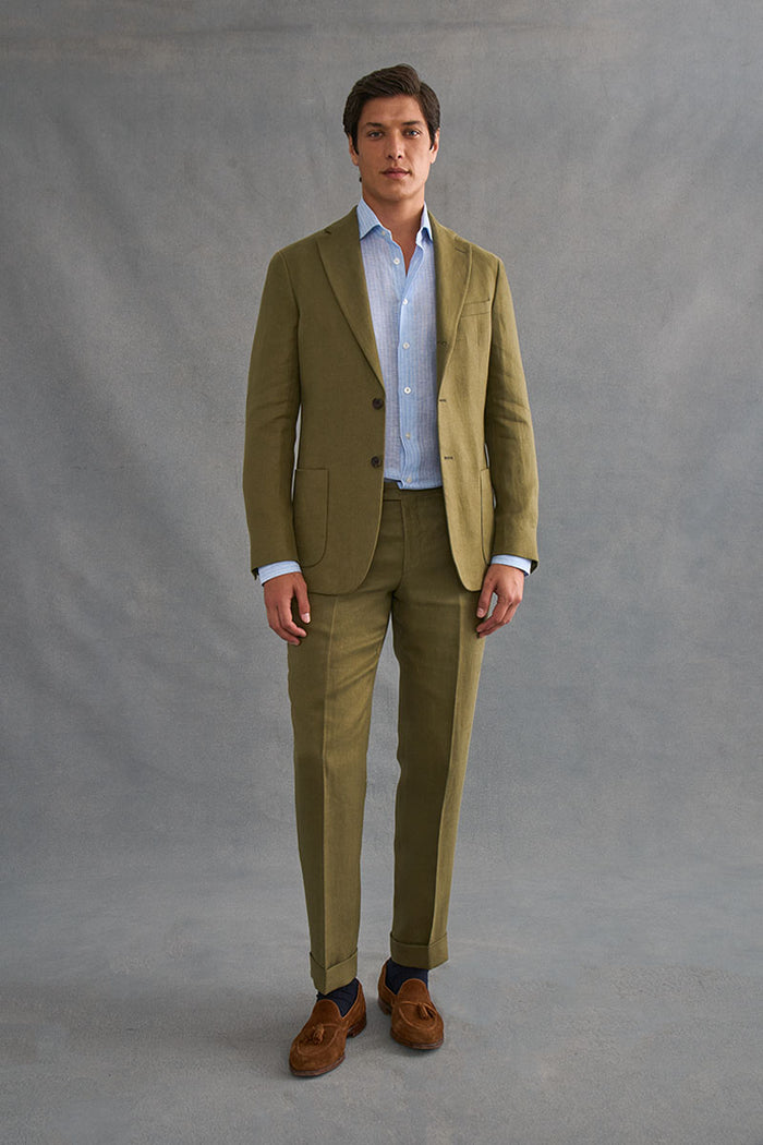 Green Single Pleat Linen Twill Trousers