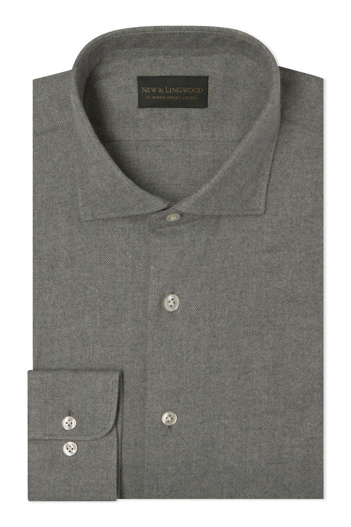 Grey Herringbone Cutaway Collar Standard Fit Flannel Shirt