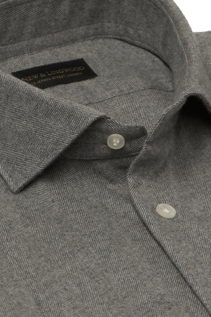 Grey Herringbone Cutaway Collar Standard Fit Flannel Shirt