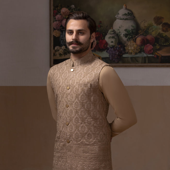 Haakim - Beige Textured Waistcoat with Kurta & Pyjama Set