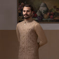 Haakim - Beige Textured Waistcoat with Kurta & Pyjama Set