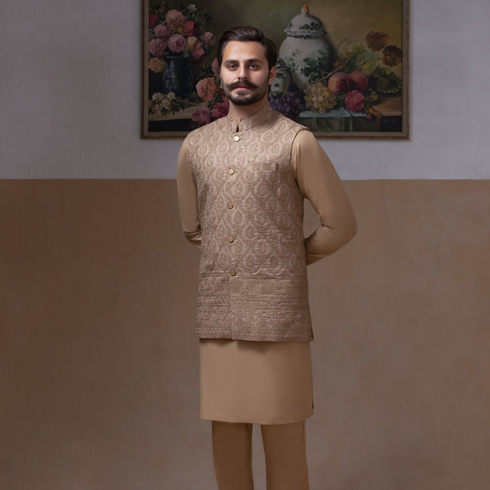 Haakim - Beige Textured Waistcoat with Kurta & Pyjama Set