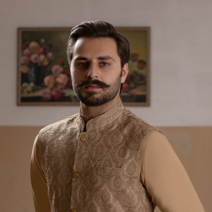 Haakim - Beige Textured Waistcoat with Kurta & Pyjama Set