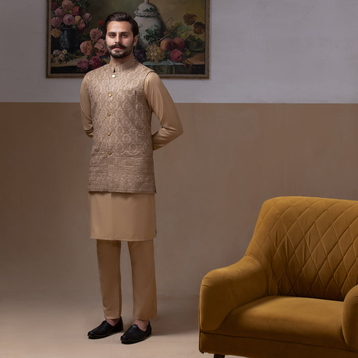 Haakim - Beige Textured Waistcoat with Kurta & Pyjama Set