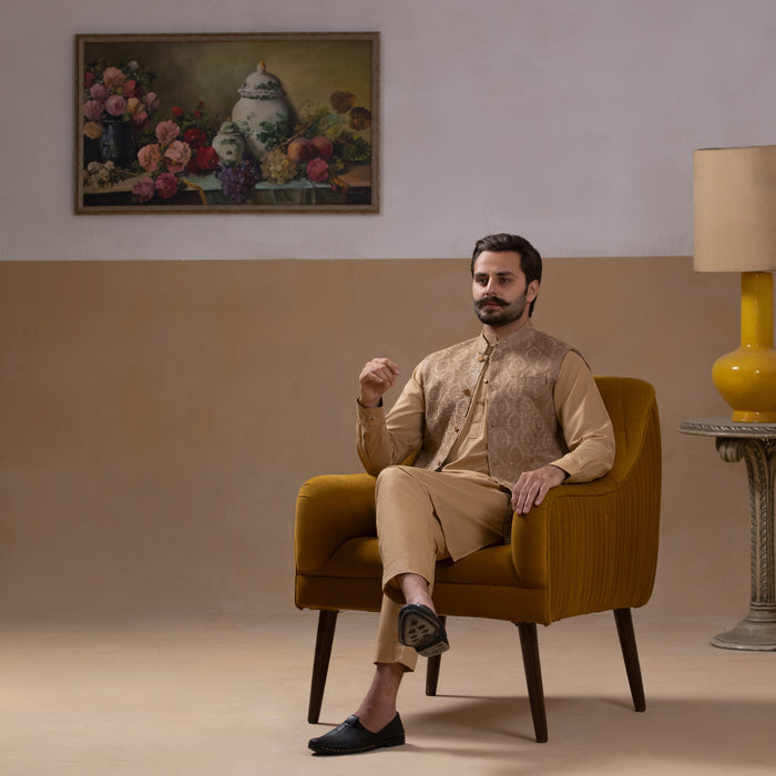 Haakim - Beige Textured Waistcoat with Kurta & Pyjama Set