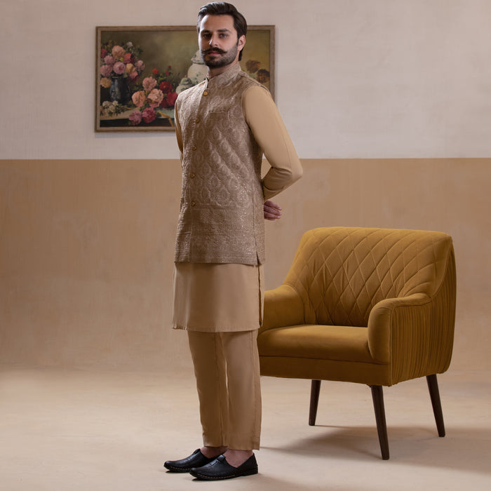 Haakim - Beige Textured Waistcoat with Kurta & Pyjama Set
