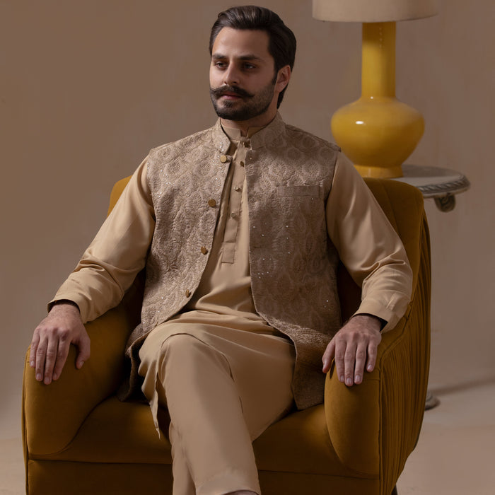 Haakim - Beige Textured Waistcoat with Kurta & Pyjama Set