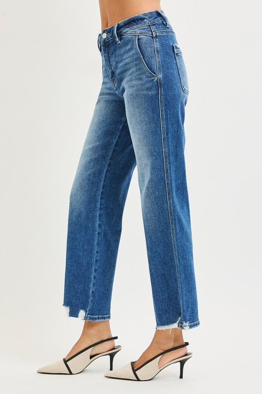 High Rise Ankle Straight Distressed Jeans