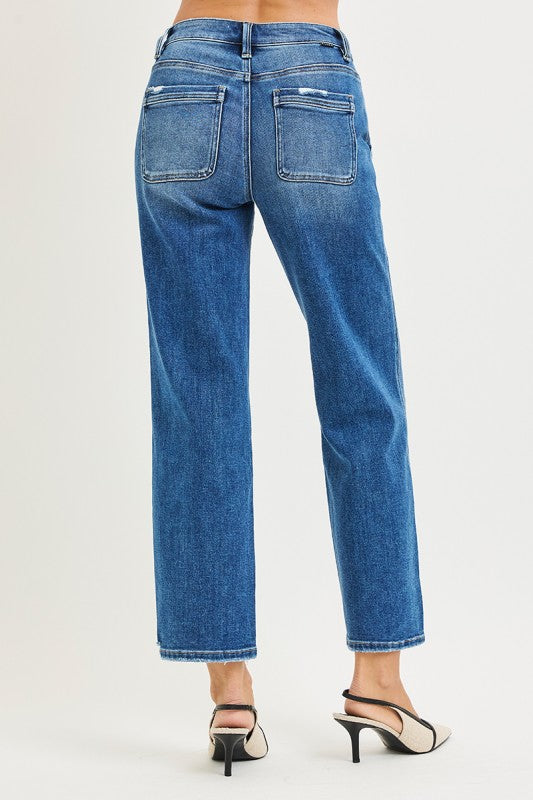High Rise Ankle Straight Distressed Jeans