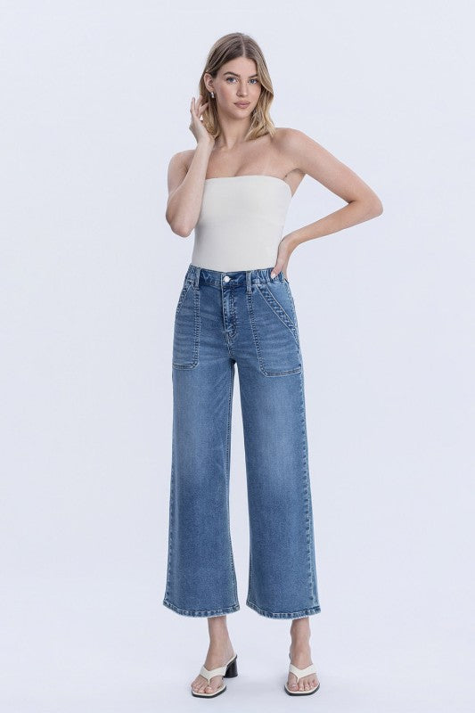 High Rise Elastic Waistband Ankle Baggy Jeans