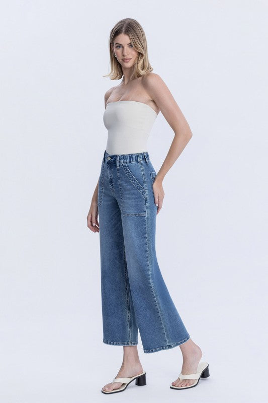 High Rise Elastic Waistband Ankle Baggy Jeans