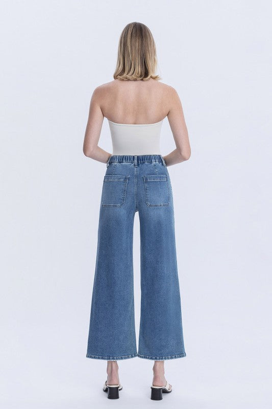 High Rise Elastic Waistband Ankle Baggy Jeans