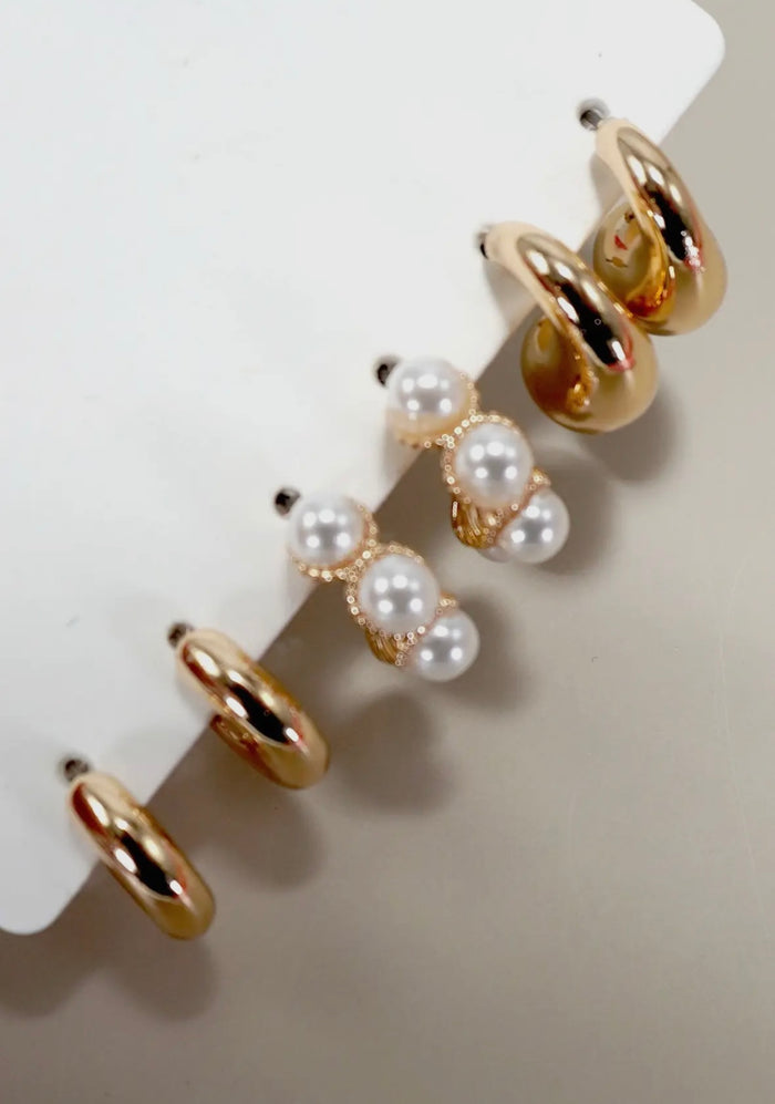 Huggie Pearl Gold Hoop Trio