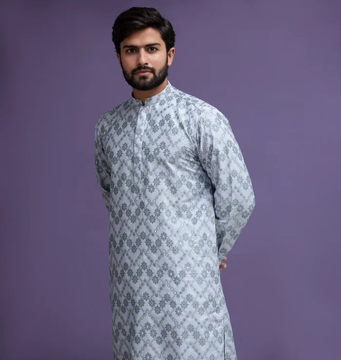 Ice blue Jacquard Kurta pyjama set