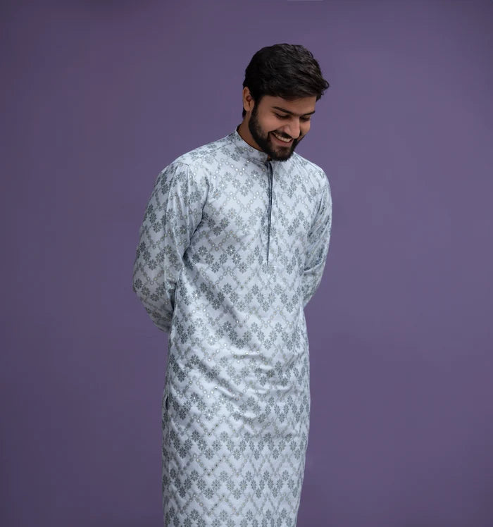 Ice blue Jacquard Kurta pyjama set
