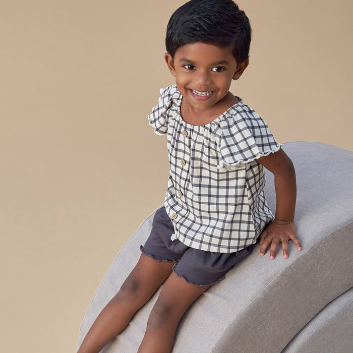 Infant & Toddler Girls Dark Grey Plaid Ruffle Sleeve Top Tops Modern Moments™ by Gerber®