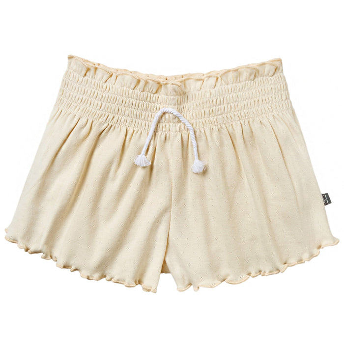 Beige shorts with a drawstring on a white background