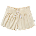 Beige shorts with a drawstring on a white background