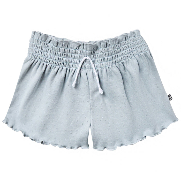 Light blue shorts with a drawstring on a white background