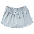 Light blue shorts with a drawstring on a white background