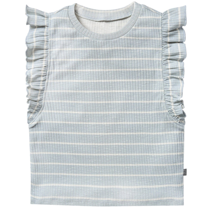 Light blue and white striped top with ruffled sleeves on a white background