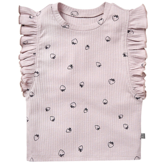 Pink baby outfit with ruffled sleeves and black strawberry pattern on a white background
