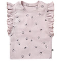 Pink baby outfit with ruffled sleeves and black strawberry pattern on a white background