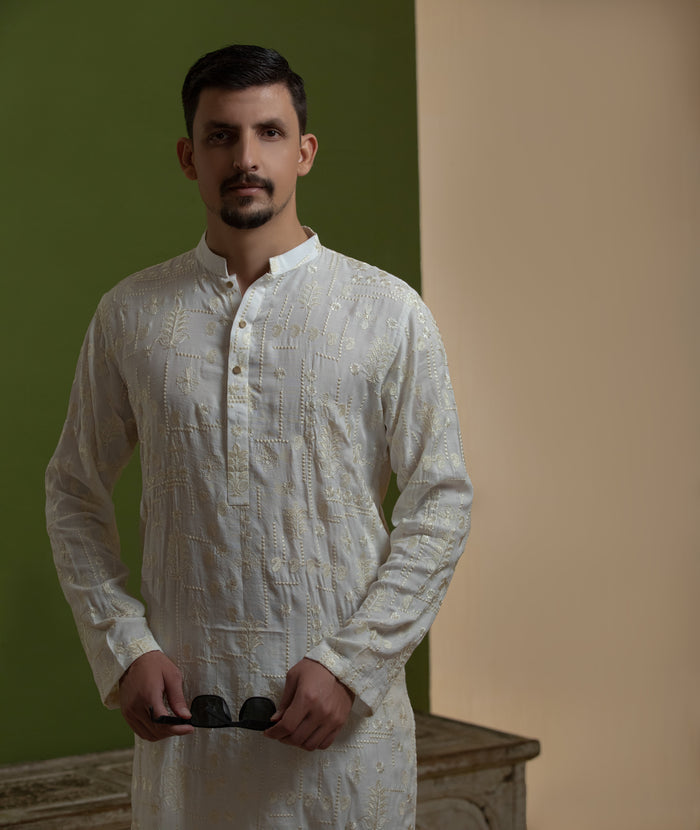 Irshaad - Ivory & Gold Raw Silk Kurta Pyjama