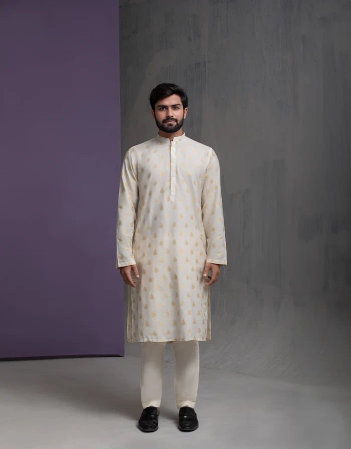 Ivory Cotton Jacquard with Gold motifs Kurta Pyjama