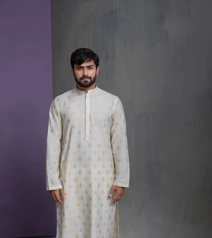 Ivory Cotton Jacquard with Gold motifs Kurta Pyjama