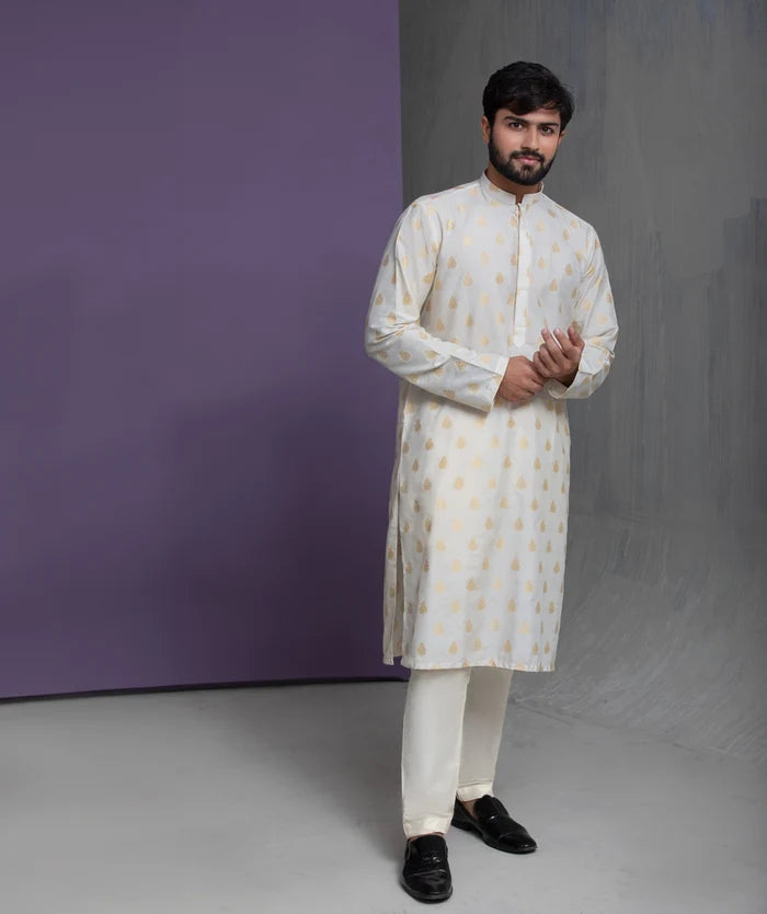 Ivory Cotton Jacquard with Gold motifs Kurta Pyjama
