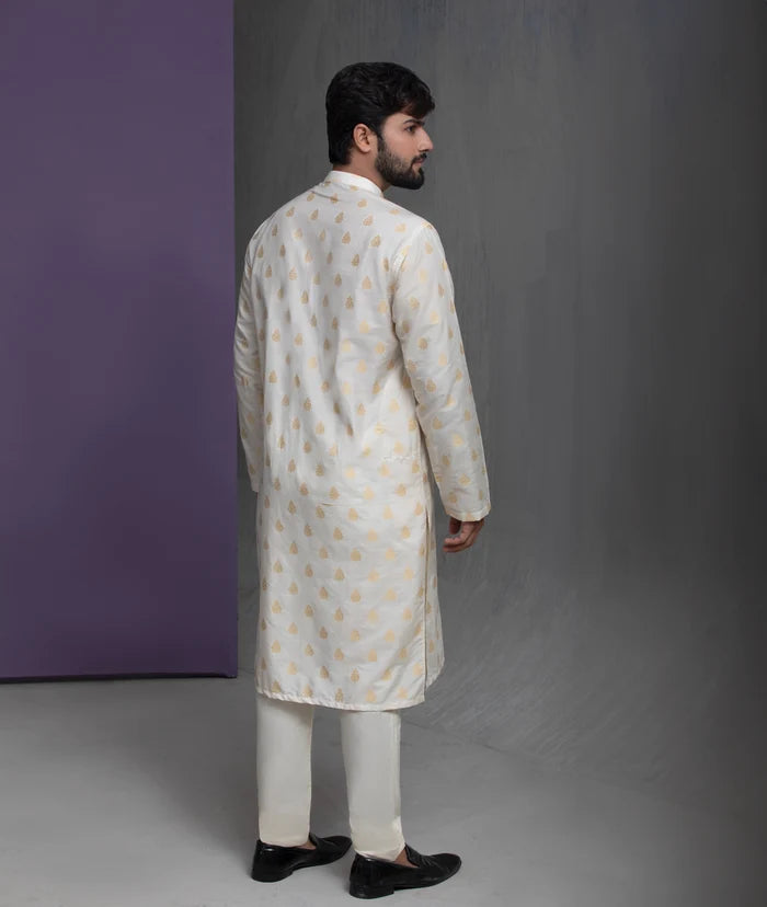 Ivory Cotton Jacquard with Gold motifs Kurta Pyjama
