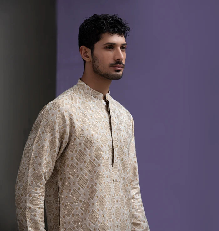 Ivory & Gold Jacquard Kurta pyjama set
