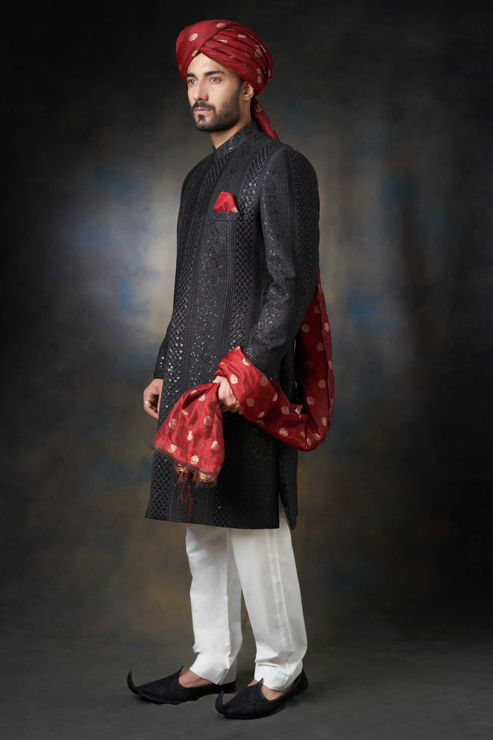 Jet Black All-Sequins Rawsilk Sherwani, Perfect for Luxurious Wedding and Festive Occasions.