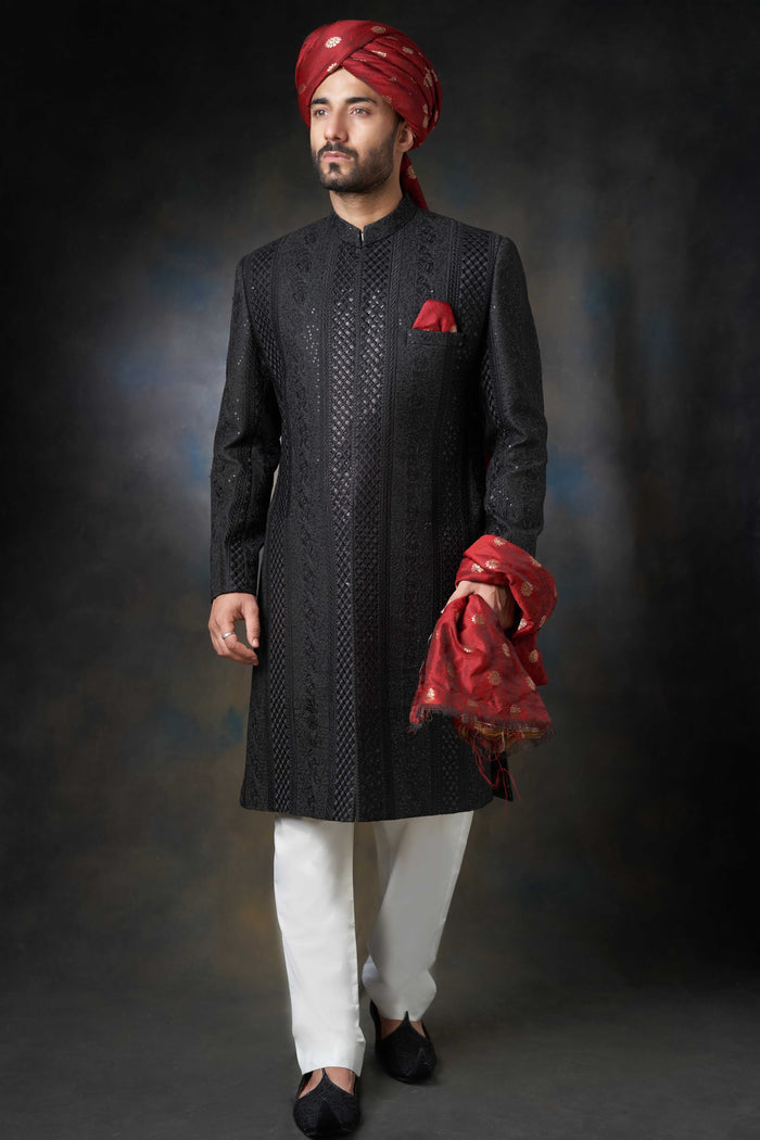 Jet Black All-Sequins Rawsilk Sherwani, Perfect for Luxurious Wedding and Festive Occasions.