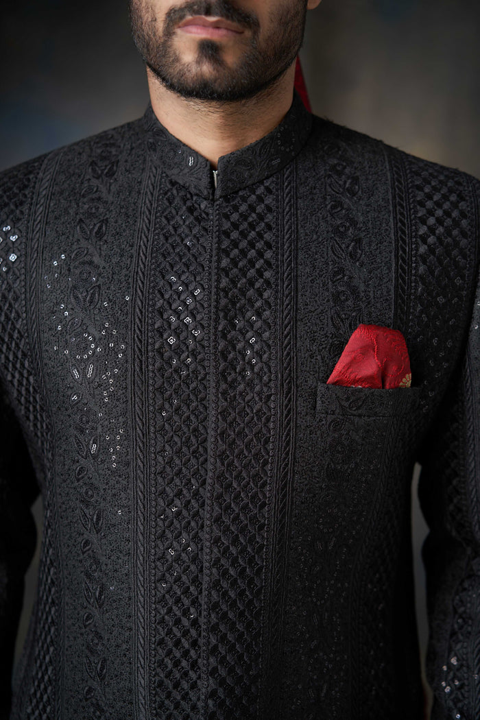 Jet Black All-Sequins Rawsilk Sherwani, Perfect for Luxurious Wedding and Festive Occasions.