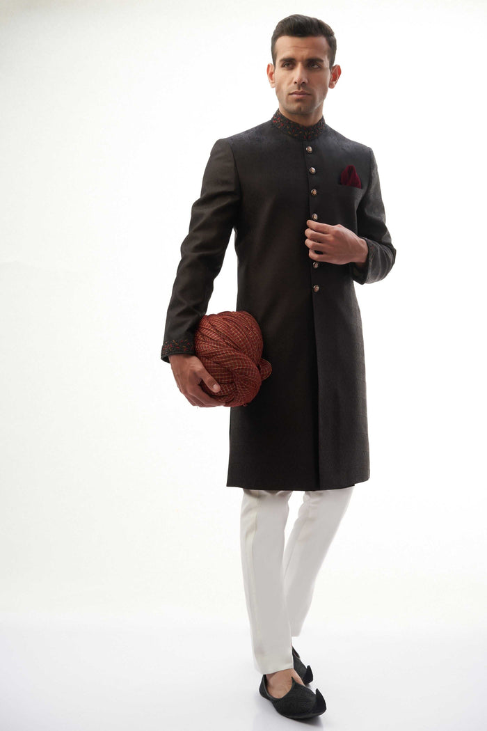Jet Black Brocade Silk Sherwani