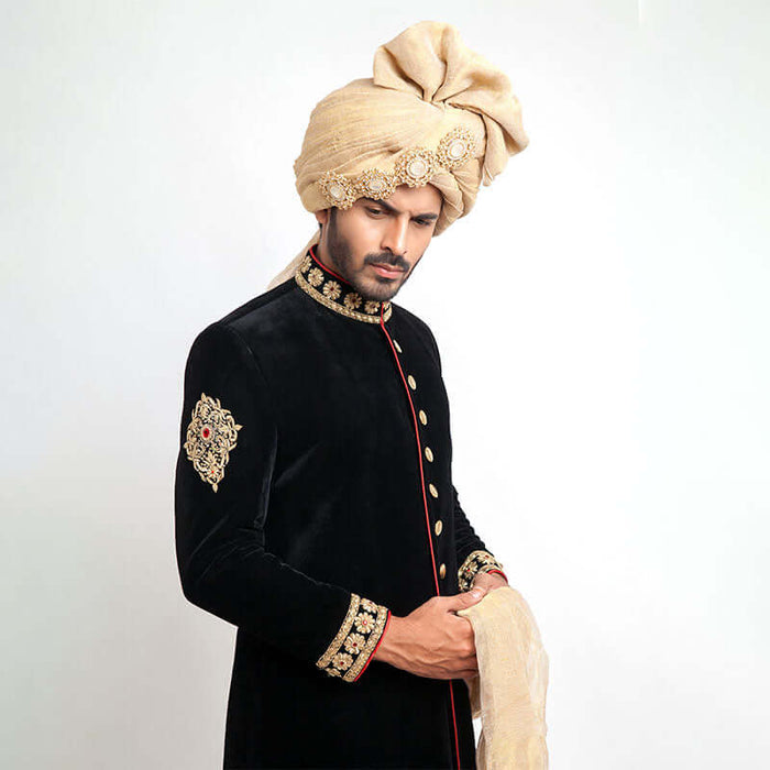 Jet Black Cocktail Velvet Form-Fitted Sherwani with elegant design and luxurious texture