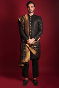Jet Black Cordoba Artwork Sherwani – Regal Sherwani Featuring Intricate Cordoba-Inspired Embroidery