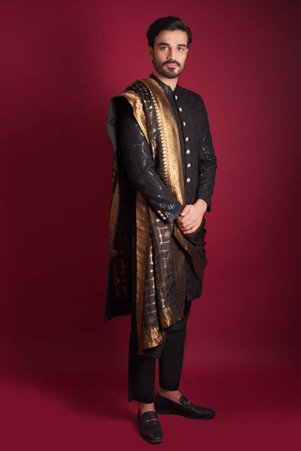 Jet Black Cordoba Artwork Sherwani – Regal Sherwani Featuring Intricate Cordoba-Inspired Embroidery