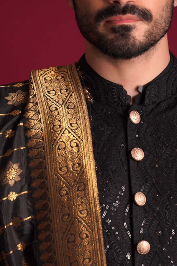 Jet Black Cordoba Artwork Sherwani – Regal Sherwani Featuring Intricate Cordoba-Inspired Embroidery