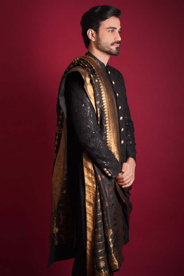 Jet Black Cordoba Artwork Sherwani – Regal Sherwani Featuring Intricate Cordoba-Inspired Embroidery
