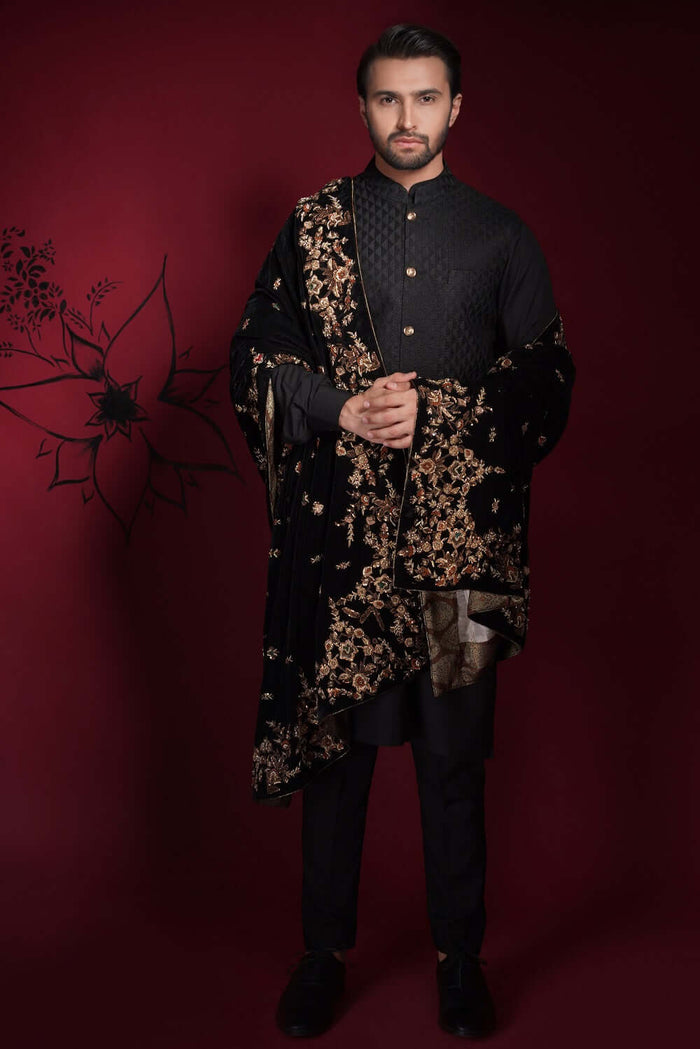 Jet Black Diamond Classic Signature Waistcoat Shawl Set.