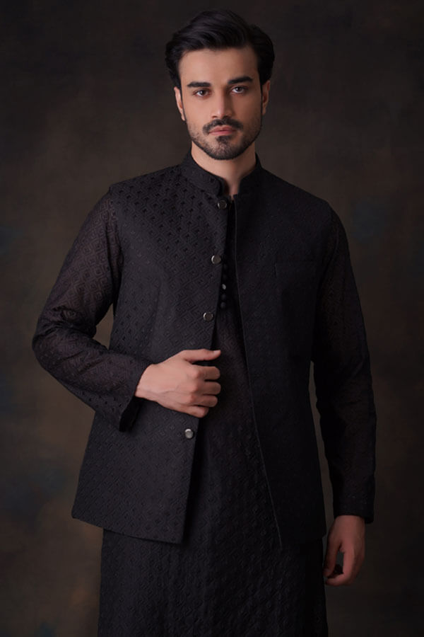 Jet Black Diamond Embroidered Cotton sheer kurta and waistcoat set