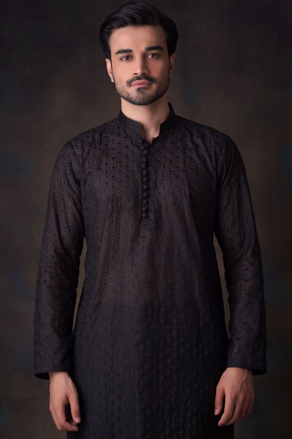 Jet Black Cotton Embroidered Sheer kurta formen