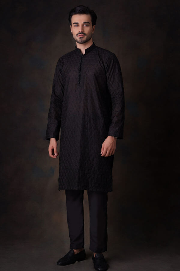 Jet Black honey comb embroidered sheer Kurta