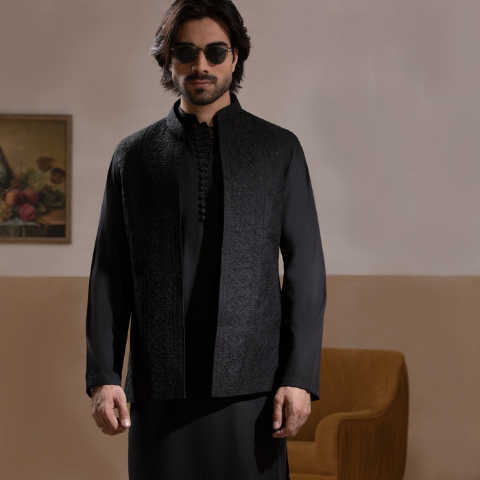 Jet Black Matte Front Open Waistcoat with IronEZ Kurta & Pyjama Set